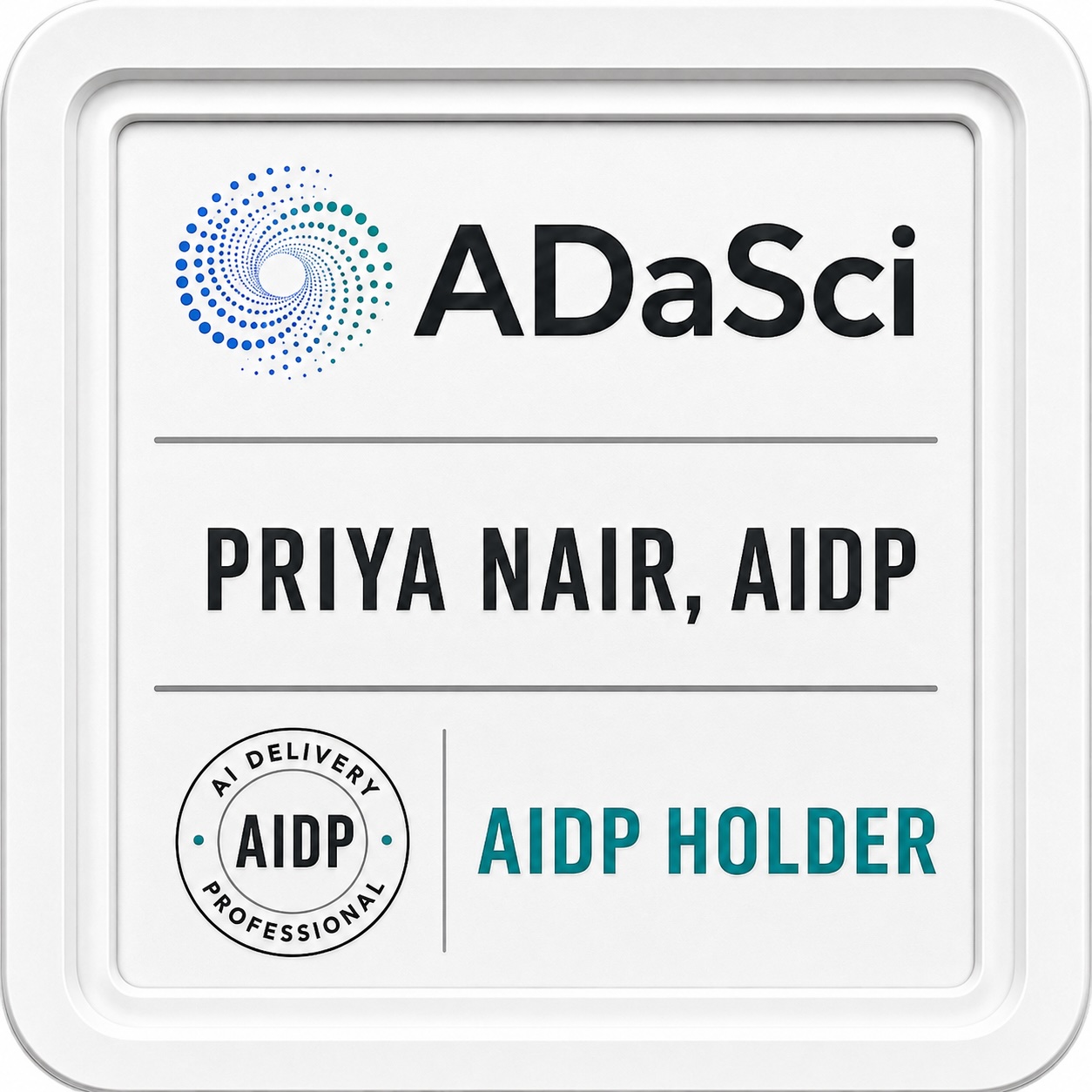 AIDP holder badge — sample, issued by ADaSci